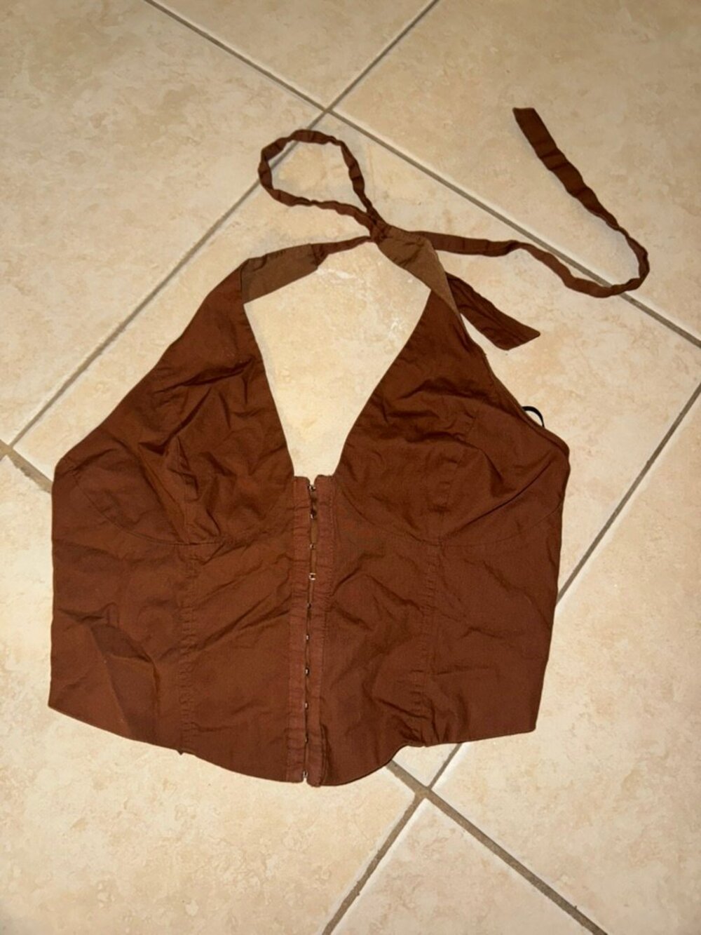 Brown halter corset style crop top with tie back backless